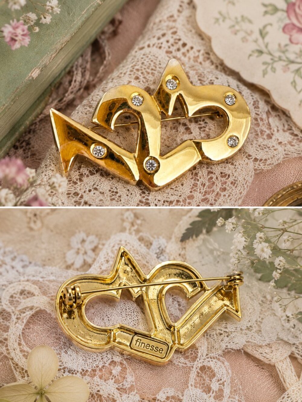 FINESSE Signed 123 Gold Tone Rhinestone Statement Brooch Pin RARE